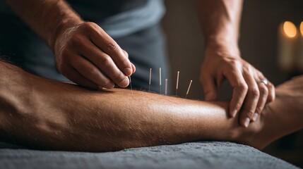 Acupuncture session: Close-up of needles being inserted into a patient's leg by a practitioner, promoting wellness and balance through traditional therapy.