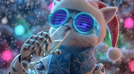 Futuristic cyberpunk cat wearing blue scarf santa hat and cyber glasses holding digital champagne with glowing effects - Powered by Adobe