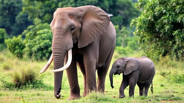 Puissante m&egrave;re &eacute;l&eacute;phant et son petit dans la savane
