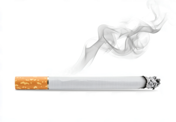 Cigarette with smoke isolated on a transparent background, flat lay