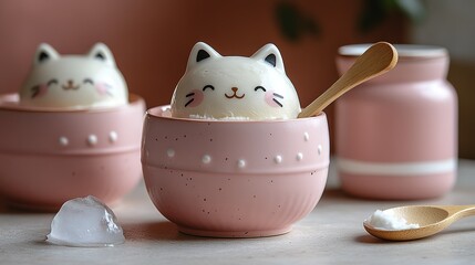Minimalist Ceramic Bowl with Gradient Cat-Shaped Spoon and Kitten Statue