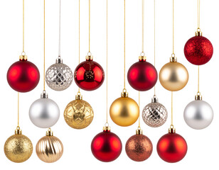 Obraz premium Sparkling red and gold Christmas ornaments isolated on white background