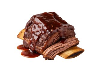 Braised beef short ribs with tender meat visibly falling off the bone, covered in a thick, dark, glossy sauce, isolated on a clean transparent background. Premium culinary product shot