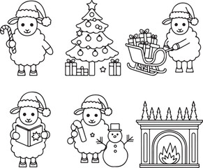 Fototapeta premium Christmas Sheep Line Art Clipart Set
