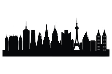 Fototapeta premium Detailed Black Silhouette of a Large City Skyline with Many Skyscrapers and a Tower Dominating the Skyline, a Classic Design