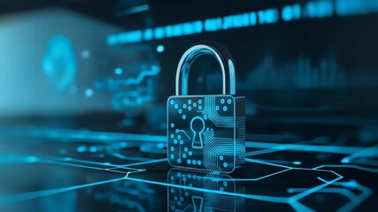Cybersecurity animation showcasing digital lock on a circuit board background, symbolizing data protection, digital safety, and online security - Powered by Adobe