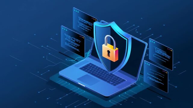 Laptop, shield, padlock, code snippets illustrate digital security, online protection, data safety, and cyber defense