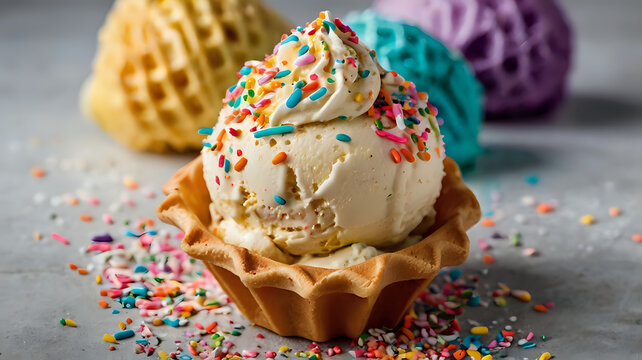 ice cream cake, Two Scoops of Vanilla Ice Cream with Colorful Sprinkles in a Waffle Cone - Powered by Adobe