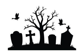 Eerie Cemetery Scene with Silhouetted Gravestones and Birds in Flight Mysterious and Haunting