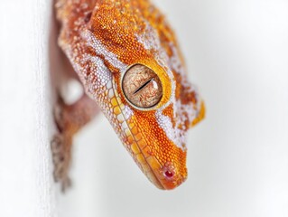 Close-up of a gecko with bright orange and yellow colors climbing a white wall.