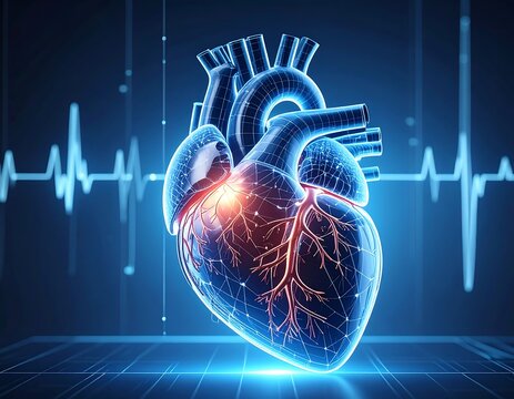 3D anatomical heart model, glowing, with EKG lines - Powered by Adobe