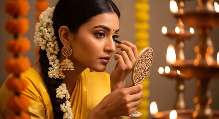 Close-Up of Indian Woman Applying Kajal in Mirror Before Festival


