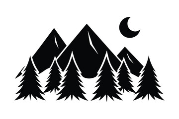 Obraz premium Silhouette of Mountain Peaks and Pine Trees Under a Crescent Moon A Minimalist Outdoor Adventure Scene for Nature Enthusiasts