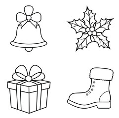 Christmas Icon Set &ndash; Black and White Holiday Line Art (Bell, Gift, Holly, Boot)