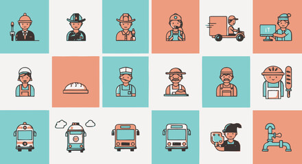 A diverse set of flat design icons representing various professions, occupations, and industries. People at work concept.
