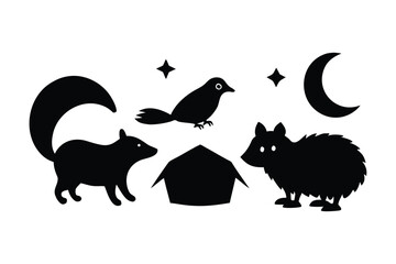 Whimsical Nighttime Silhouette Scene with Animals and Celestial Elements A Simple Vector Illustration