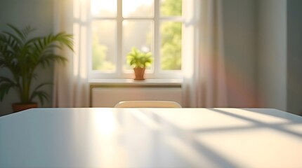 Fototapeta premium Table set in front of a window with a potted plant placed on top and soft natural light shining through the room