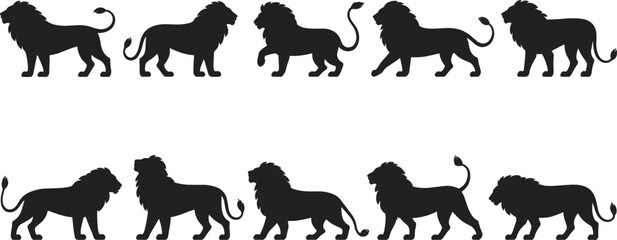 Lion silhouette collection, majestic animal poses, wildlife vector icons, black and white illustration, predator design, nature art, Adobe Stock image