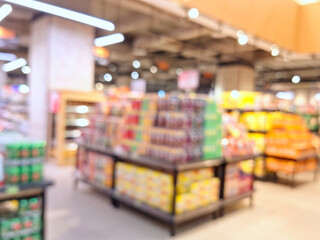 A blurry, out-of-focus scene inside a supermarket, depicting shelves and soft store lighting.