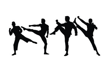 Four silhouettes of martial arts fighters performing kicks