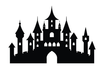 Obraz premium Black silhouette of a fairytale castle with multiple towers and an arched gateway