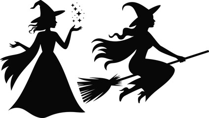 Witch silhouettes casting spell and flying, Halloween magic icons, pointed hats, broomstick flight, mystical female figures, spooky vector illustration for seasonal, fantasy, and decor themes