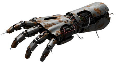 Rusty robotic hand with exposed wires