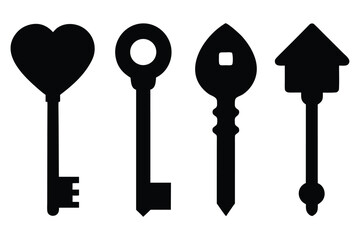 Collection of four stylized black keys on a white background