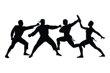 Silhouettes of martial artists in combat poses with weapons