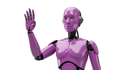 Shiny violet robot waves hello