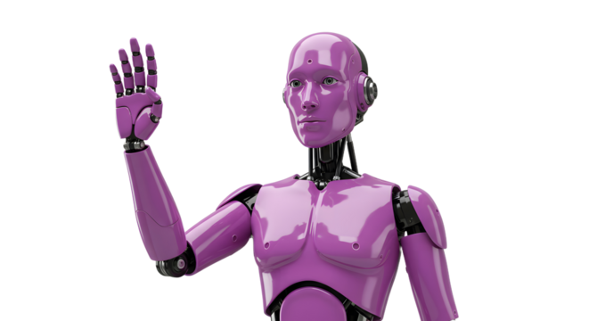 Shiny violet robot waves hello