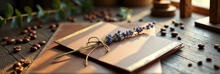 Elegant lavender and brown stationery on rustic wood with sunlit morning vibes