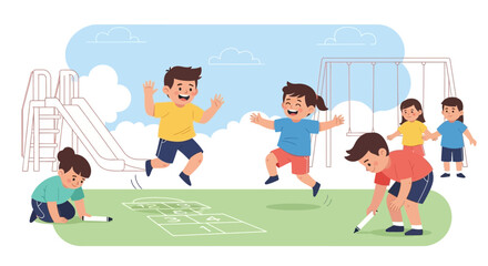 Fototapeta premium Happy Children Playing Hopscotch Together on the Playground Outdoors Illustration