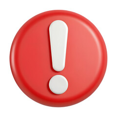 Red alert button with white exclamation mark. Warning, attention, danger, caution symbol. 3D icon isolated on transparent background
