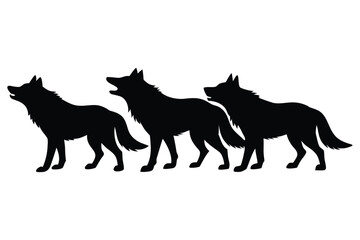Three black wolf silhouettes walking together in a line
