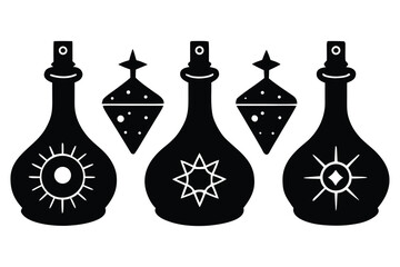 Mystical potion bottles with celestial symbols and geometric ornaments