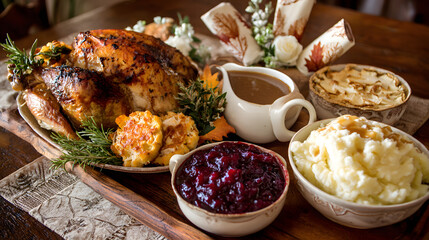 thanksgiving feast, thanksgiving spread with canadian staples roast turkey, mashed potatoes, gravy, cranberry sauce, butter tarts, and maple-themed napkin rings