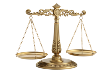 A golden balance scale with ornate detailing, featuring two pans suspended by chains from a central pivot