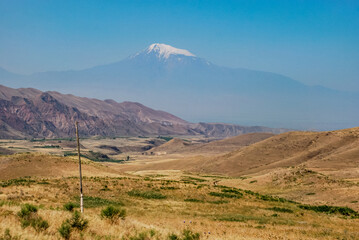 Mount ararat panorama with rolling hills and clear blue sky