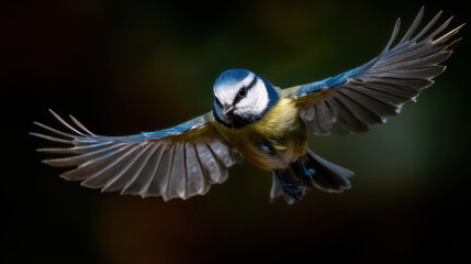 Obraz premium Blaumeise im Flug Flügel ausgebreitet dramatisches Licht