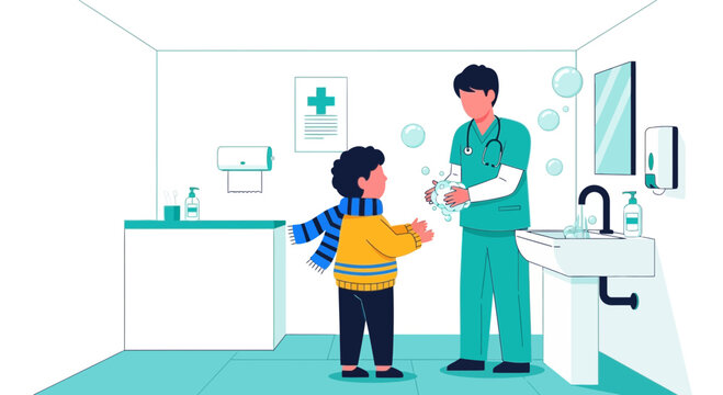 Illustrative Doctor Demonstrates Proper Handwashing Technique For Young Patient