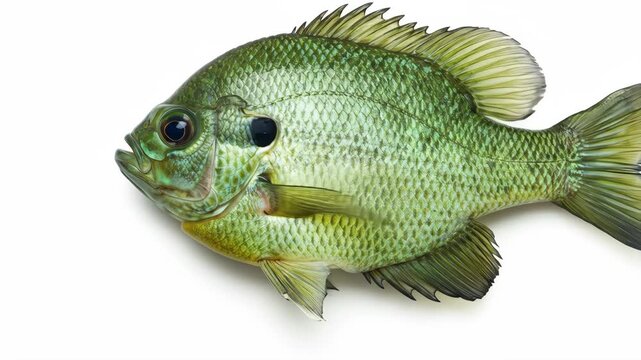 Green Sunfish on White Background - A detailed close-up shot of a single green sunfish isolated on a pure white background.