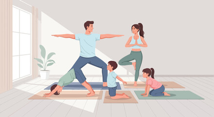 Fototapeta premium Happy Family Doing Yoga Training Together At Home Fitness Wellbeing Lifestyle