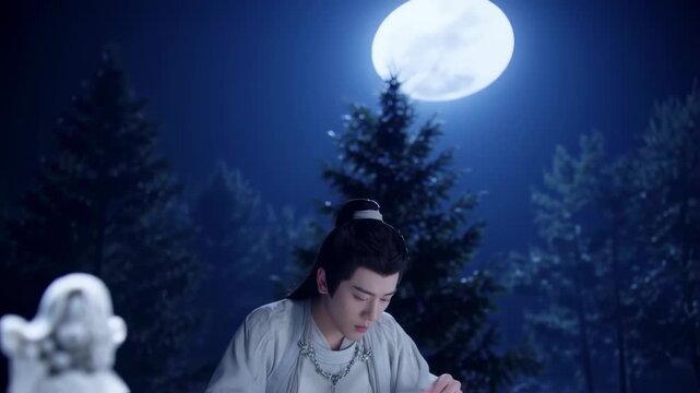 Skilled sculptor meticulously crafting intricate statue amidst tranquil moonlit forest backdrop