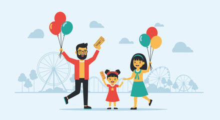 Naklejka premium Happy Family Enjoying A Day At The Amusement Park With Balloons And Tickets