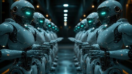 Fototapeta premium Futuristic robots in a symmetrical corridor, awaiting orders