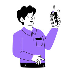 A hand drawn illustration showing a person holding walkie talkie 

