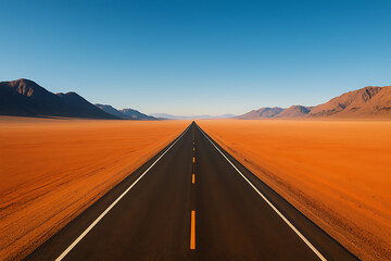 Endless Straight Road Through Orange Desert with Mountains and Blue Sky Horizon