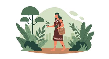 Indigenous Woman Walking Through The Forest With Plants For A Sustainable Life