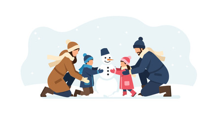 Naklejka premium Happy Family Enjoying Outdoor Activities And Building A Snowman Together